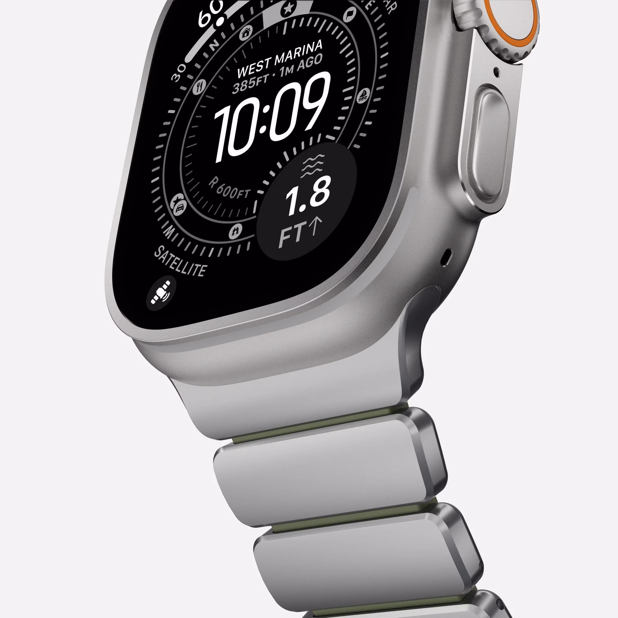 Передній вигляд годинника Apple Watch з ремінцем Nomad Stratos Forest Natural