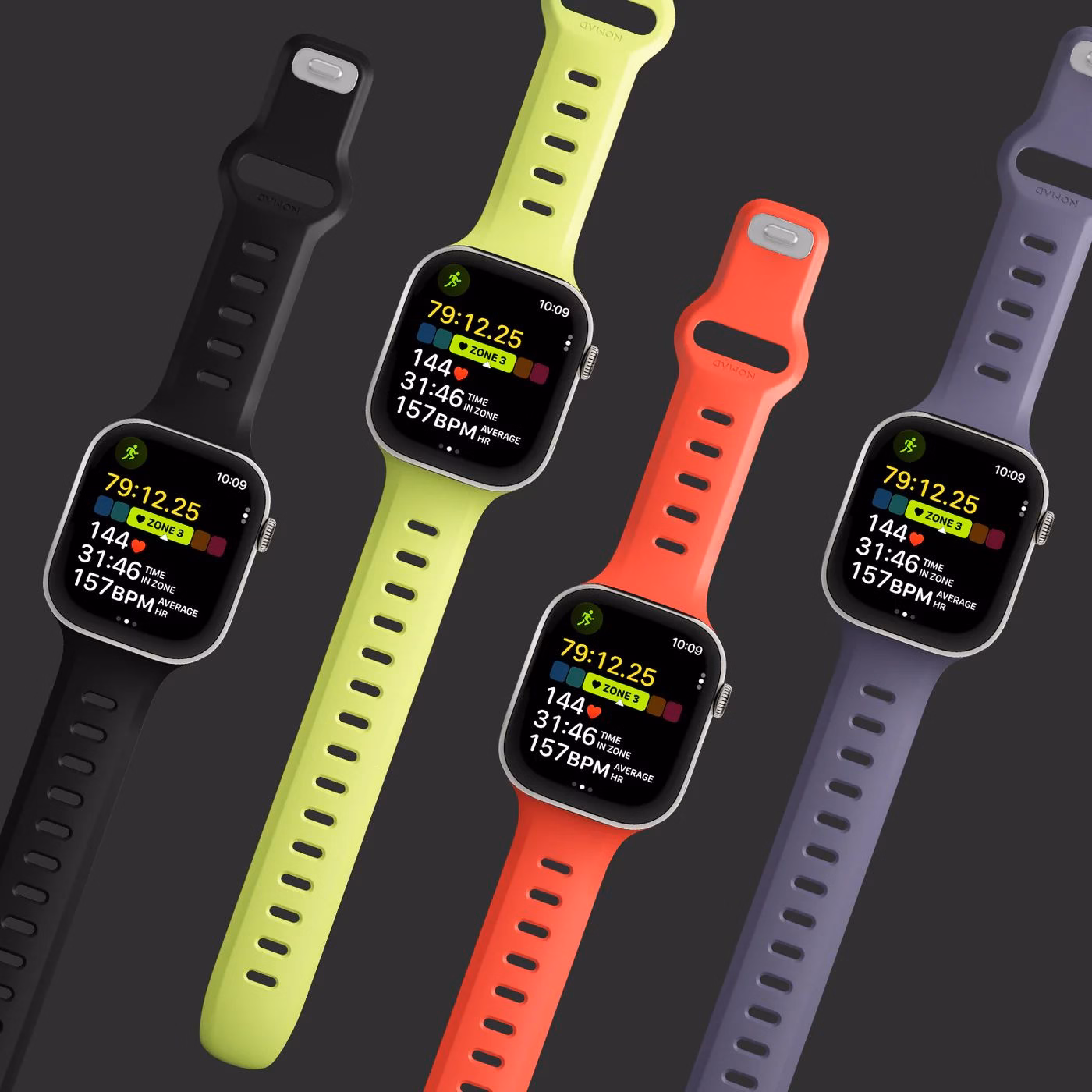 Чотири кольори ремінців з корпусами Apple Watch.