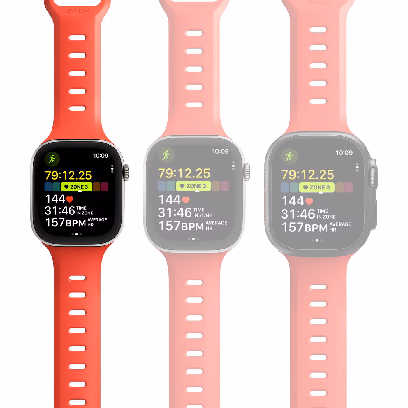Демонстрація ідеальної посадки ремінця Nomad Tempo Crush на Apple Watch та відображення спортивних показників на екрані.