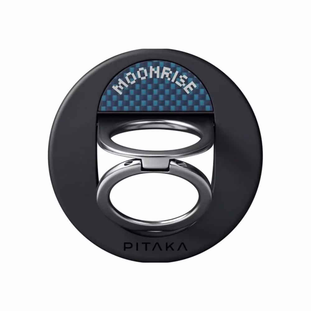 Магнітний тримач-кільце Pitaka Moonrise MagSafe з фірмовою арамідною вставкою та металевою підставкою на білому тлі