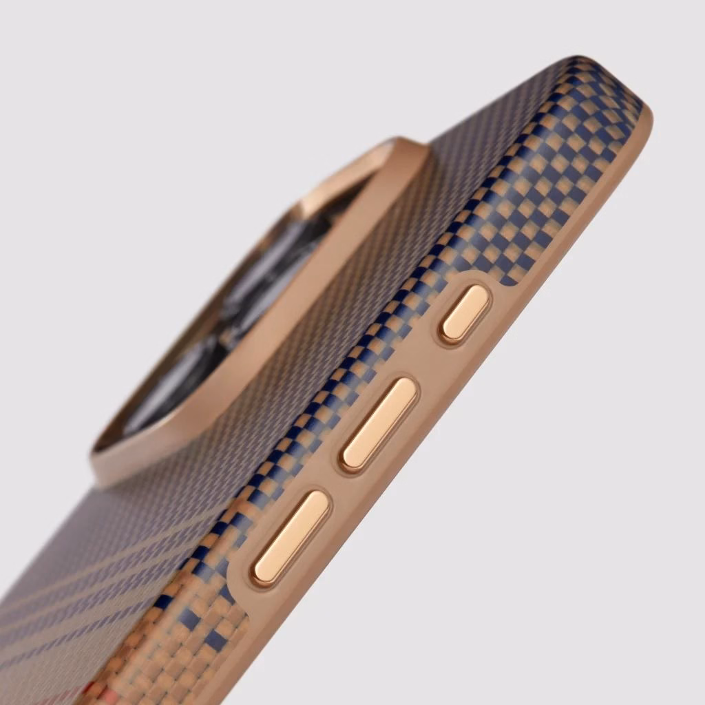 Макро знімок текстури та камери чохла Pitaka Summa Sunset