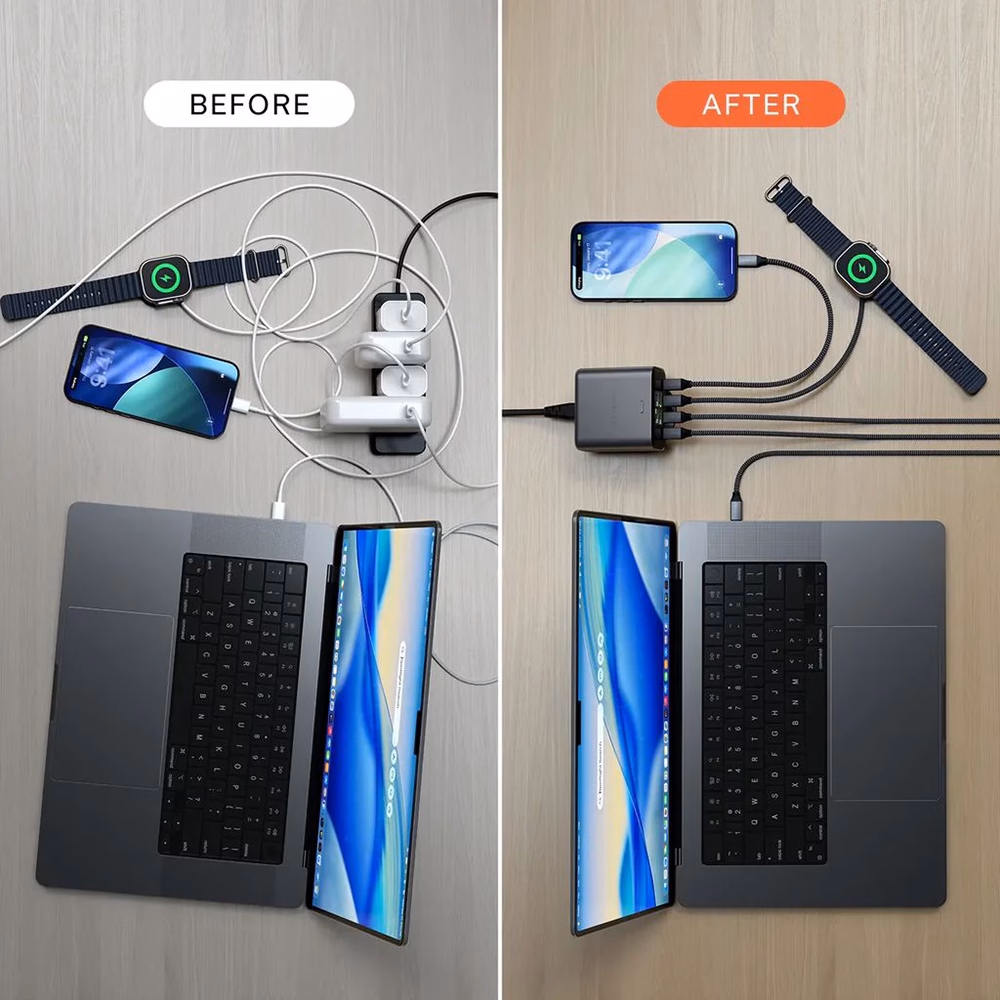 Satechi ChargeView 140W на дерев'яному столі в сучасному офісі