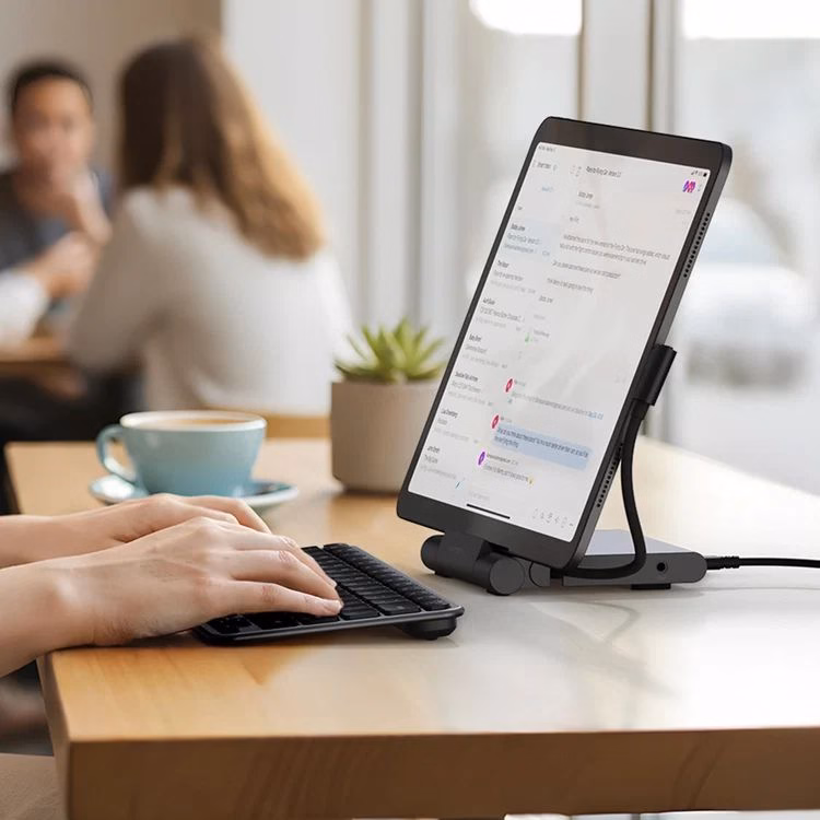 Чоловік працює з iPad та клавіатурою на підставці Satechi в кафе