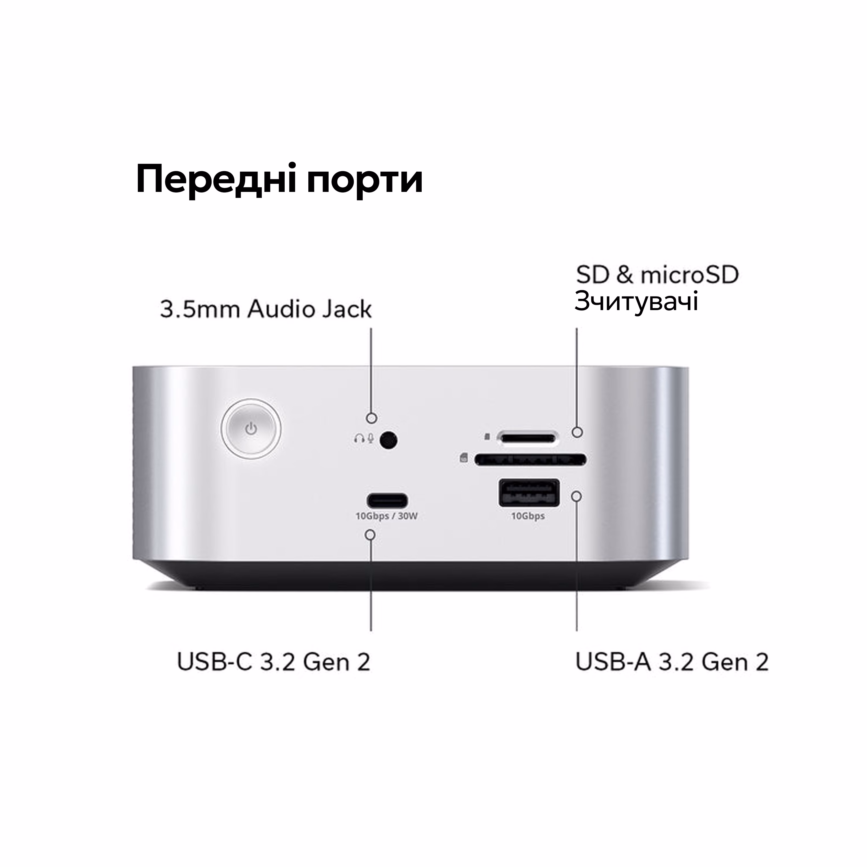 Опис всіх роз'ємів Satechi Thunderbolt 5 CubeDock (передні порти)